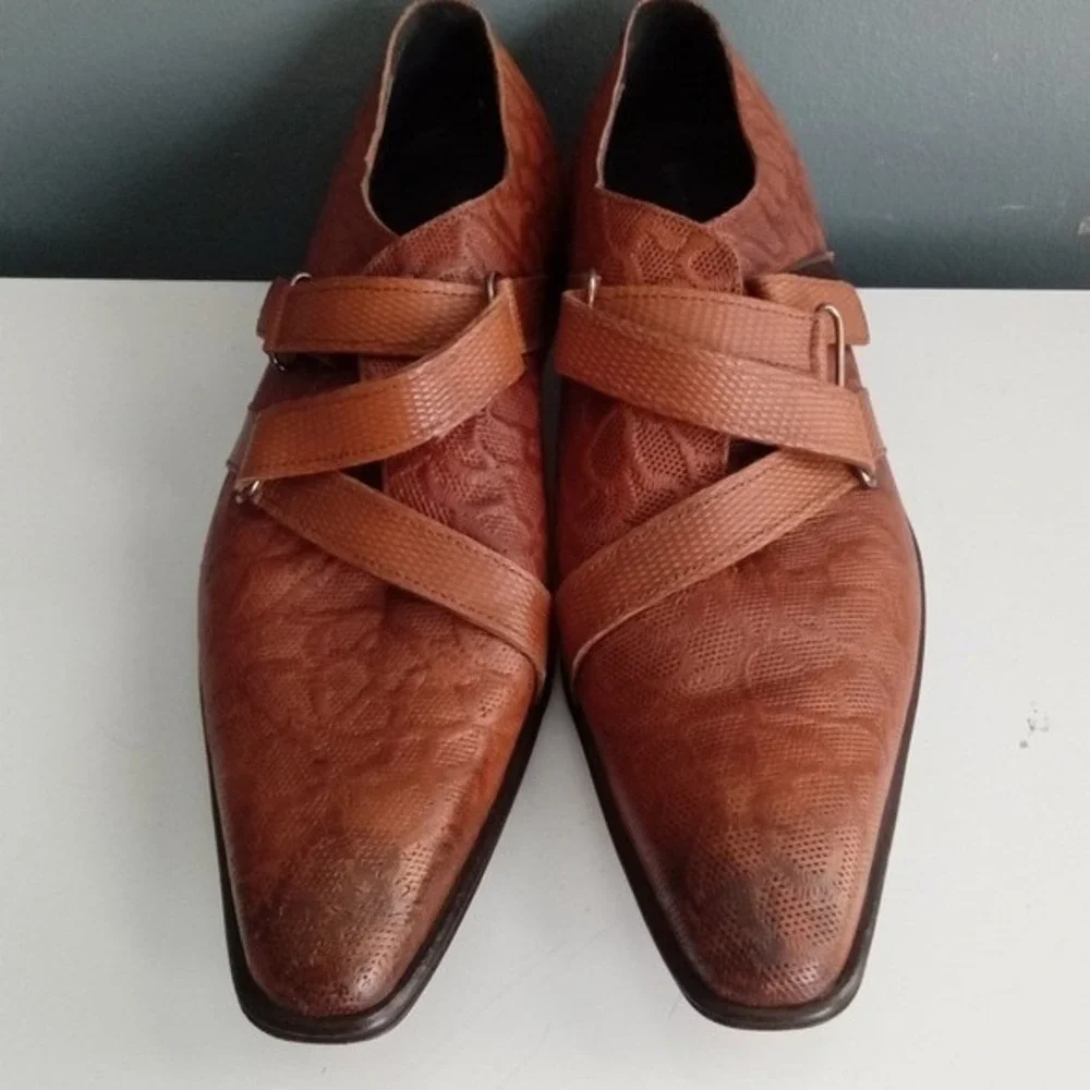 Bespoke Shoes Men Brown Leather Embossed Monk Strap Dress Formal Size‎